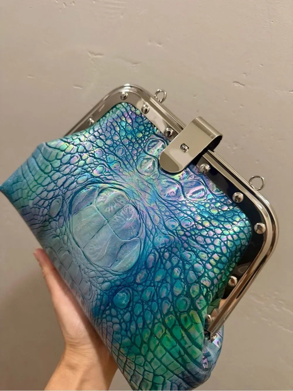 Iridescent Croc-Embossed Cowhide Handmade Unique Rivet Frame Bag, Large Size